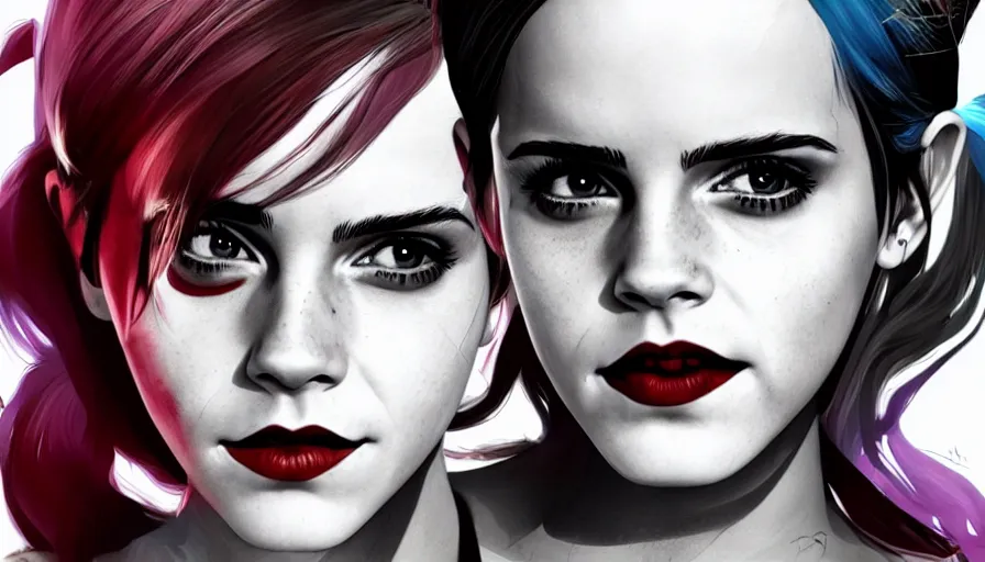 Prompt: Emma Watson is Harley Quinn, hyperdetailed, artstation, cgsociety, 8k