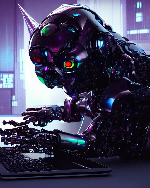 Image similar to a metallic robotic cyborg cat eating a computer mouse, cyberpunk, digital art, 8 k, trending on artstation