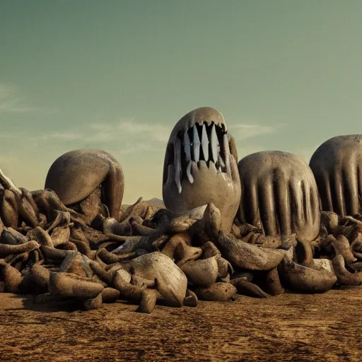 Prompt: a giant teeth emerging from the distance in a desertic landscape full of dead horses