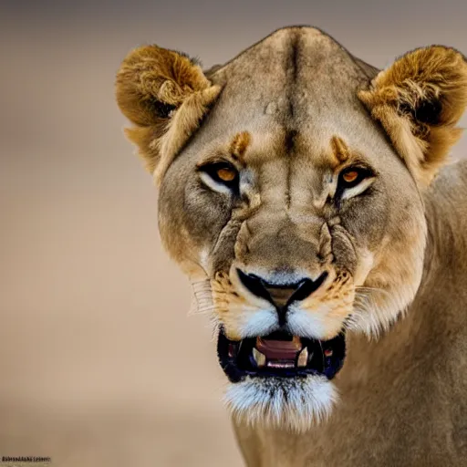 Image similar to a lioness, looking intensely at the camera, licking her mouth, 4 k, nature photograph