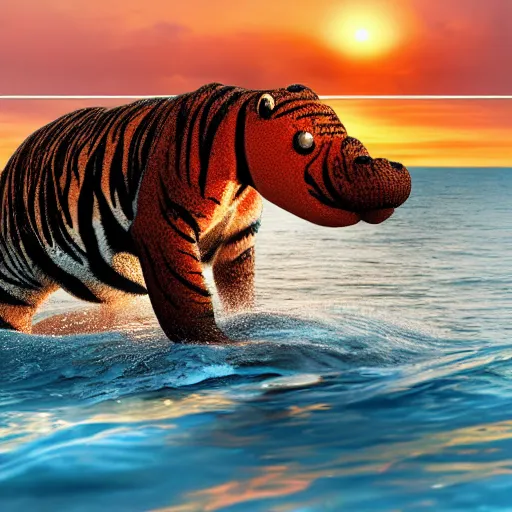 Image similar to a closeup photorealistic photograph of a cute smiling knitted tiger hippopotamus chasing towards a beachball at sunset. surf in background. professional capture. brightly lit scene. this 4 k hd image is trending on artstation, featured on behance, well - rendered, extra crisp, features intricate detail, epic composition and the style of unreal engine.