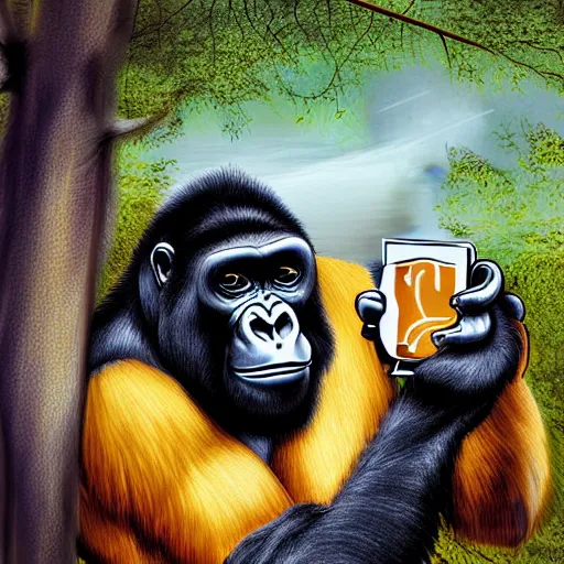 Prompt: a gorilla holding a mug of beer and eating onion rings in a tree, cyberpunk digital art