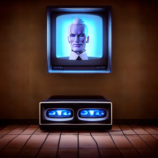 Prompt: a hyperrealistic 3 d render of max headroom on a vintage tv, octane render, unreal engine, 8 k, photorealistic, trending on artstation, ultra detailed, volumetric lighting, dramatic lighting, lasers, neon