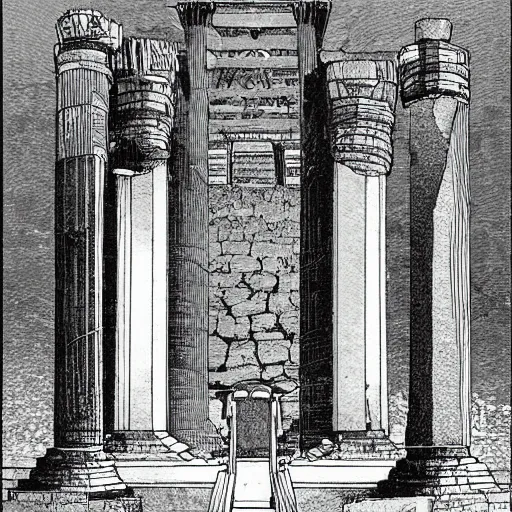 Image similar to Moebius illustrations of antic temple,