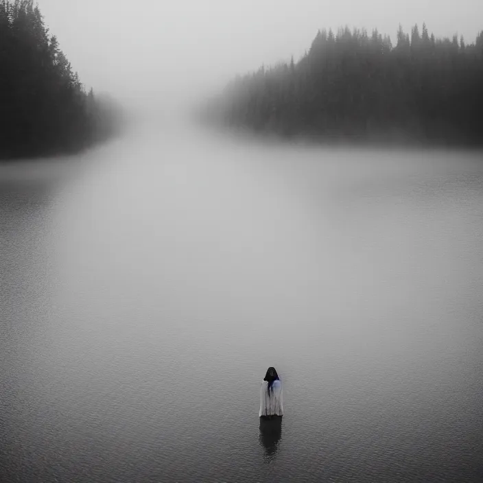 Image similar to a woman, standing in shallow endless water, foggy, backlit, backlit, photo by Marat Safin, Canon EOS R3, f/1.4, ISO 200, 1/160s, 8K, RAW, unedited, symmetrical balance, in-frame