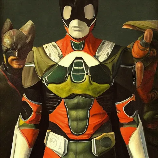 Prompt: a realistic painting by Michaelangelo depicting the Kamen Rider with the head of the symbiotic Batman in the Renaissance,smooth,Sharp focus,high detailed,high resolution,fine art, trending on Artstation.