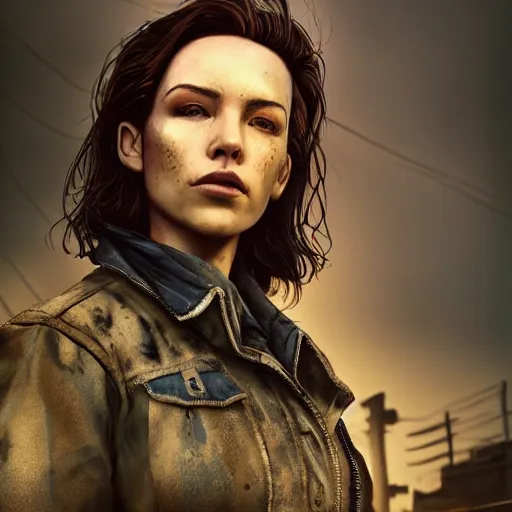 Image similar to fallout 5, charismatic beautiful rugged brunette female protagonist, portrait, outdoors low density industrial zone, atmospheric lighting, painted, intricate, volumetric lighting, beautiful, daytime, sunny weather, slight overcast, golden hour, sharp focus, deep colours, ultra detailed, by leesha hannigan, ross tran, thierry doizon, kai carpenter, ignacio fernandez rios