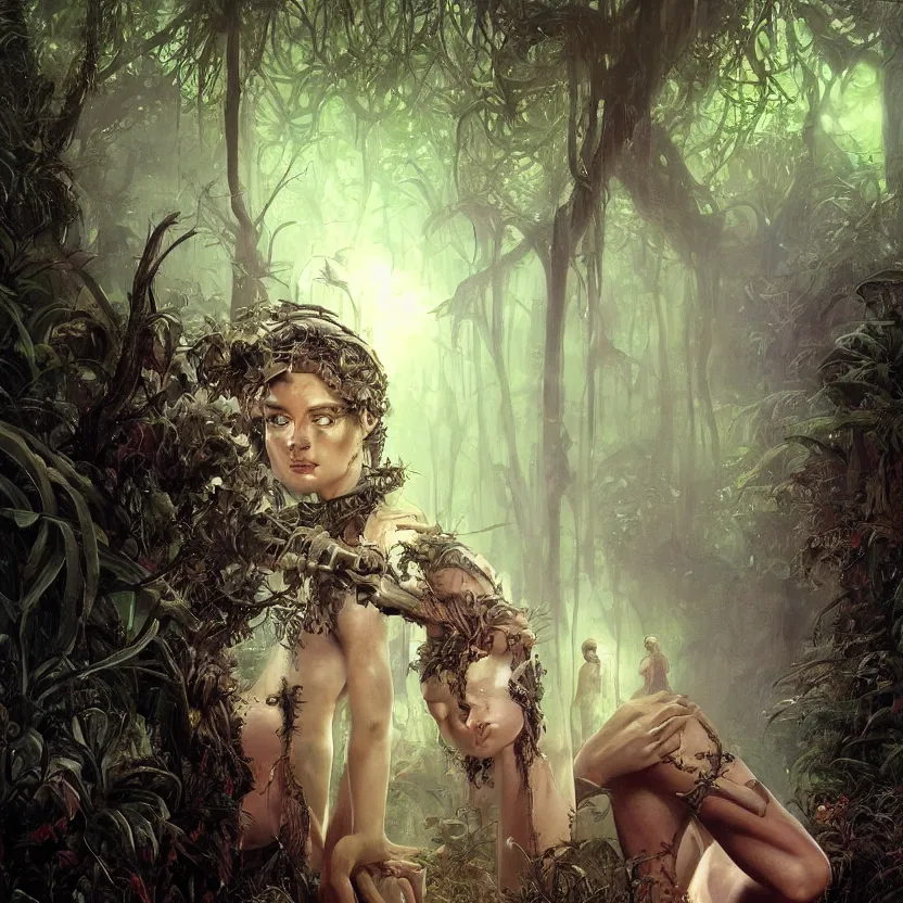 Image similar to a close - up dark sci - fi fantasy portrait of a angelic alien nymph girl overgrown with silver mushrooms in a jungle. reflective textures. glowing fog in the background. highly detailed science fiction painting by norman rockwell, frank frazetta, and syd mead. rich colors, high contrast, gloomy atmosphere, dark background. trending on artstation