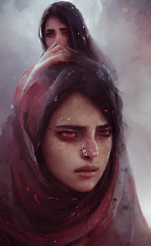 Image similar to The most beautiful arabian girl in the world crying blood ,digital art,ultra realistic,ultra detailed, ultra wide Lens, art by greg rutkowski