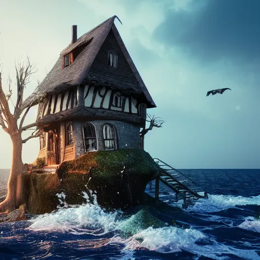 Prompt: a witches house on the ocean, epic scene, redshift render, cgi, hyper - detailed, photo - bash, 8 k post - production, masterpiece