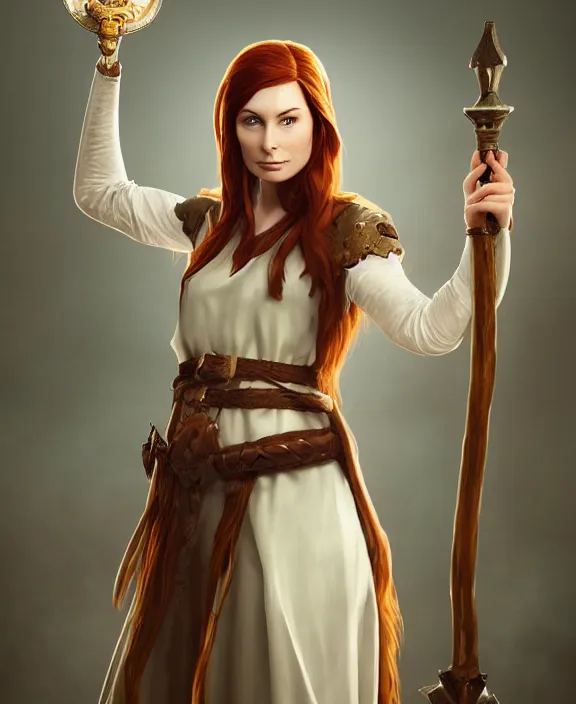 Prompt: full body photograph of a young felicia day as a cleric from dungeons and dragons, clear skin, elegant, graceful, fashionable, cinematic, hyperdetailed illustration by irakli nadar and alexandre ferra, depth of field, global illumination,