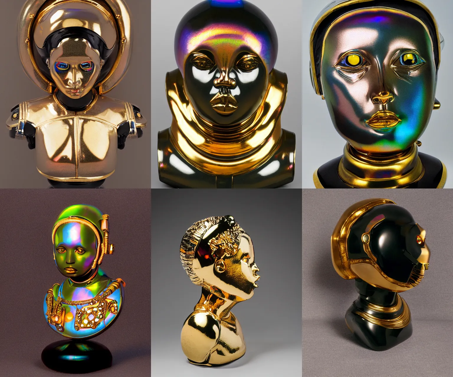 Prompt: intricate slightly iridescent and tanslucent hyperrealistic onyx and gold bust of futuristic obese beautiful cybernetic astronaut black girl angry empress, museum lighting, 3 5 mm film photograph