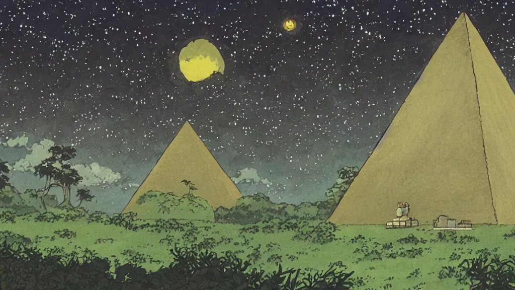 Image similar to a movie still from a studio ghibli film showing a pyramid as a mine runoff storage facility in the rainforest on a misty and starry night. by studio ghibli