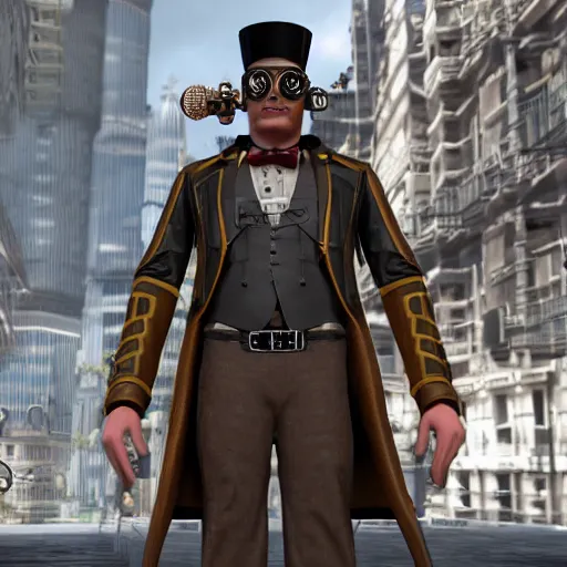 Prompt: steampunk hero standing in middle of cybercity, hyperrealistic, unreal engine 5, rendered in maya 4 d, 8 k, u. h. d, trending on artstation
