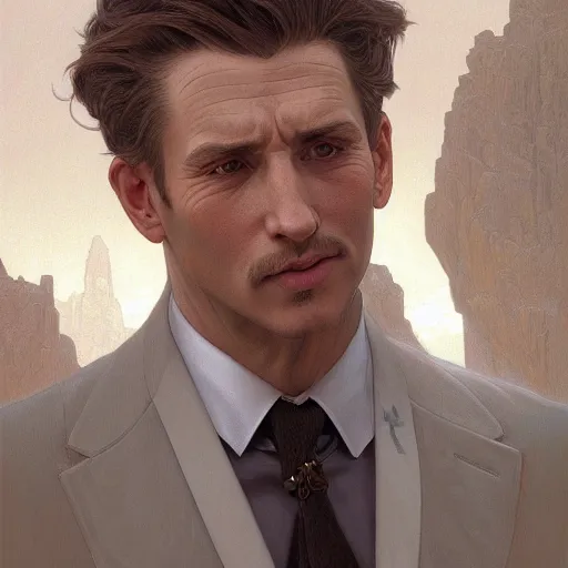 Image similar to portrait of a hairsuit man, cliffs, intricate, elegant, highly detailed, digital painting, artstation, concept art, smooth, sharp focus, illustration, art by artgerm and greg rutkowski and alphonse mucha and william - adolphe bouguereau