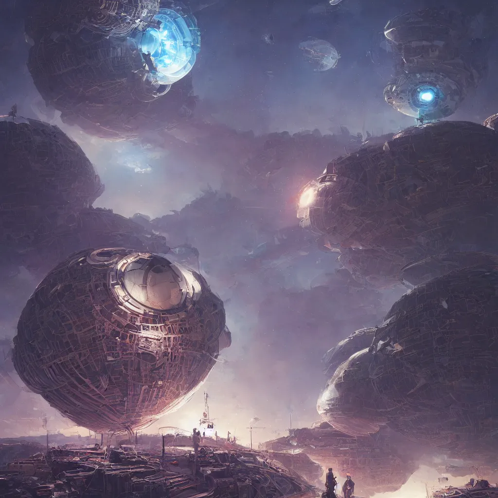 Image similar to dyson sphere program, by greg rutkowski, by rhads, by jesper ejsing, so many wires, sharp focus, man standing, colony, atom, crowd, steam punk, blue space ship in sky, astronaut, earthquake