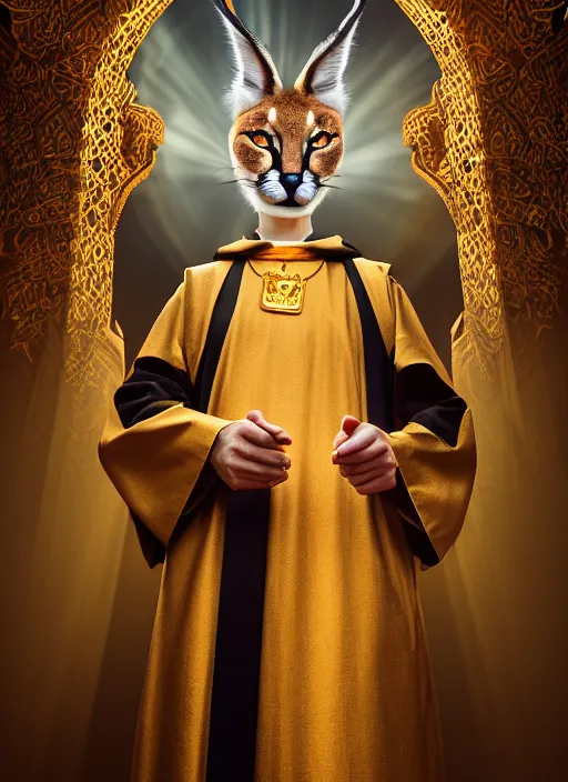 Image similar to cute fluffy anthropomorphic caracal as orthodox priest in golden clothes, caracal head, wearing vr, in orthodox icons at background, dynamic lighting, darkness, atmospheric, surrealistic, ambients, dramatic, blurry bokeh cinematic, depth of field, 8 0 mm f 1. 8, by bussiere rutkowski andreas rocha