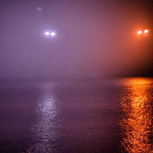 Image similar to high quality photo of sea monster scary foggy night at sea , photography 4k, f1.8 anamorphic, bokeh, 4k, Canon,