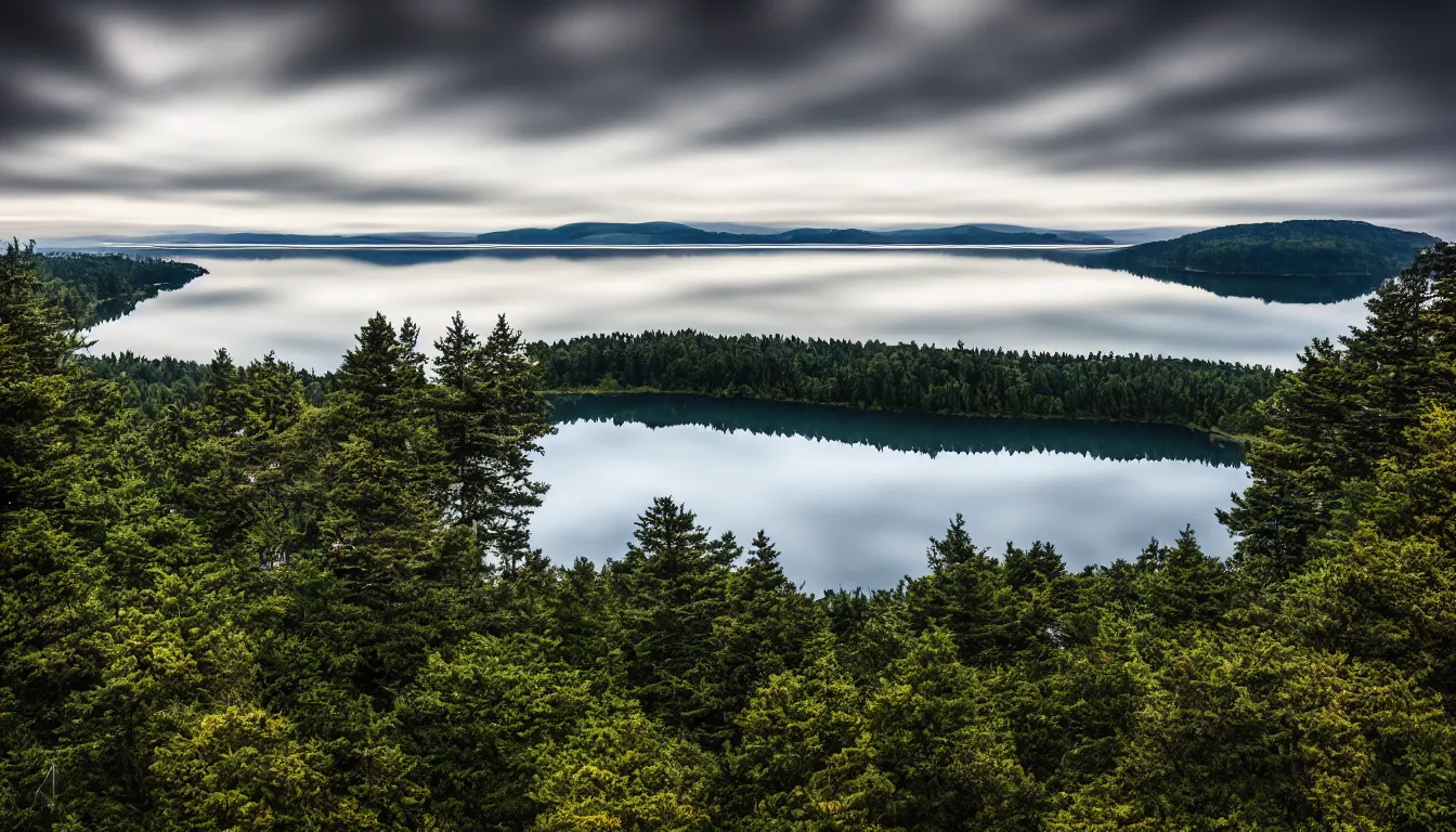 Image similar to calm lakeshore view from hill, cloud reflections, trees, nature, atmospheric, scary, claustrophobic, ambient vibe, very detailed, high resolution, 8 k