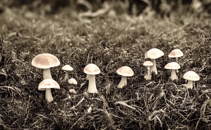 Prompt: a photography from afar of a creepy mushroom family, terrifying, photorealistic, 2 4 mm