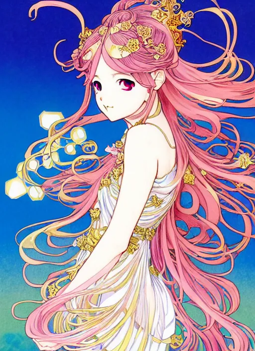 Image similar to exquisite imaginative manga poster of a fairy princess, fire emblem heroes, long wavy hair, rococo ruffles dress, shimmering, by shigenori soejima, minaba hideo, katsuhiro otomo, alphonse mucha, jump comics, illustration, artstation, pixiv, dark fantastic, highly detailed, 8 k, fluorescent, fluorescent, maximalist