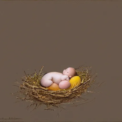 Image similar to concept art of a baby corgi emerging from an egg in a nest, anne geddes