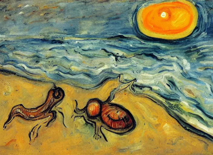 Image similar to a snail on the beach under the moon, by chaim soutine