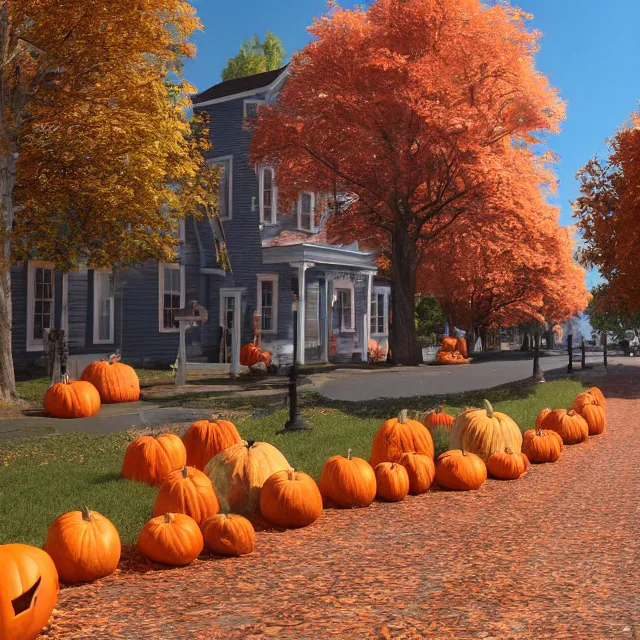 Image similar to small new england colonial city street with shops and pumpkins, maple trees with fall foliage, volumetric, realistic, cinematic lighting, ray tracing, unreal engine 5, octane render, hyper realistic, photo, 8 k