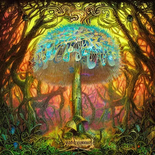 Image similar to psychedelic fantasy forest with glowing mushrooms and eerie trees in the style of Ernst Haeckel and Daniel Merriam, perfect award winning album art