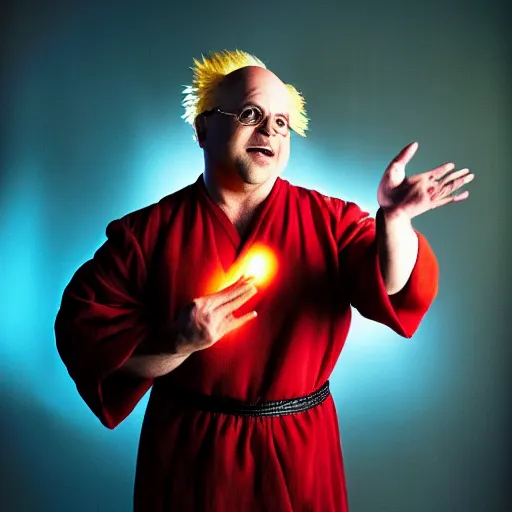 Image similar to uhd candid photo of jason alexander as a super sayian, glowing, global illumination, studio lighting, radiant light, detailed, correct face, elaborate intricate costume. photo by annie leibowitz