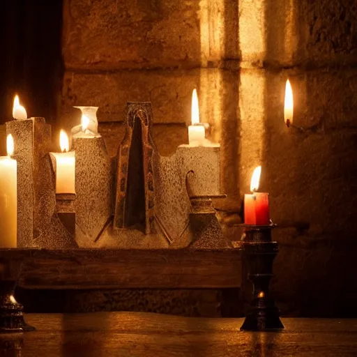 Image similar to kinghts templar in a medieval castle, diffused light candles, mystical