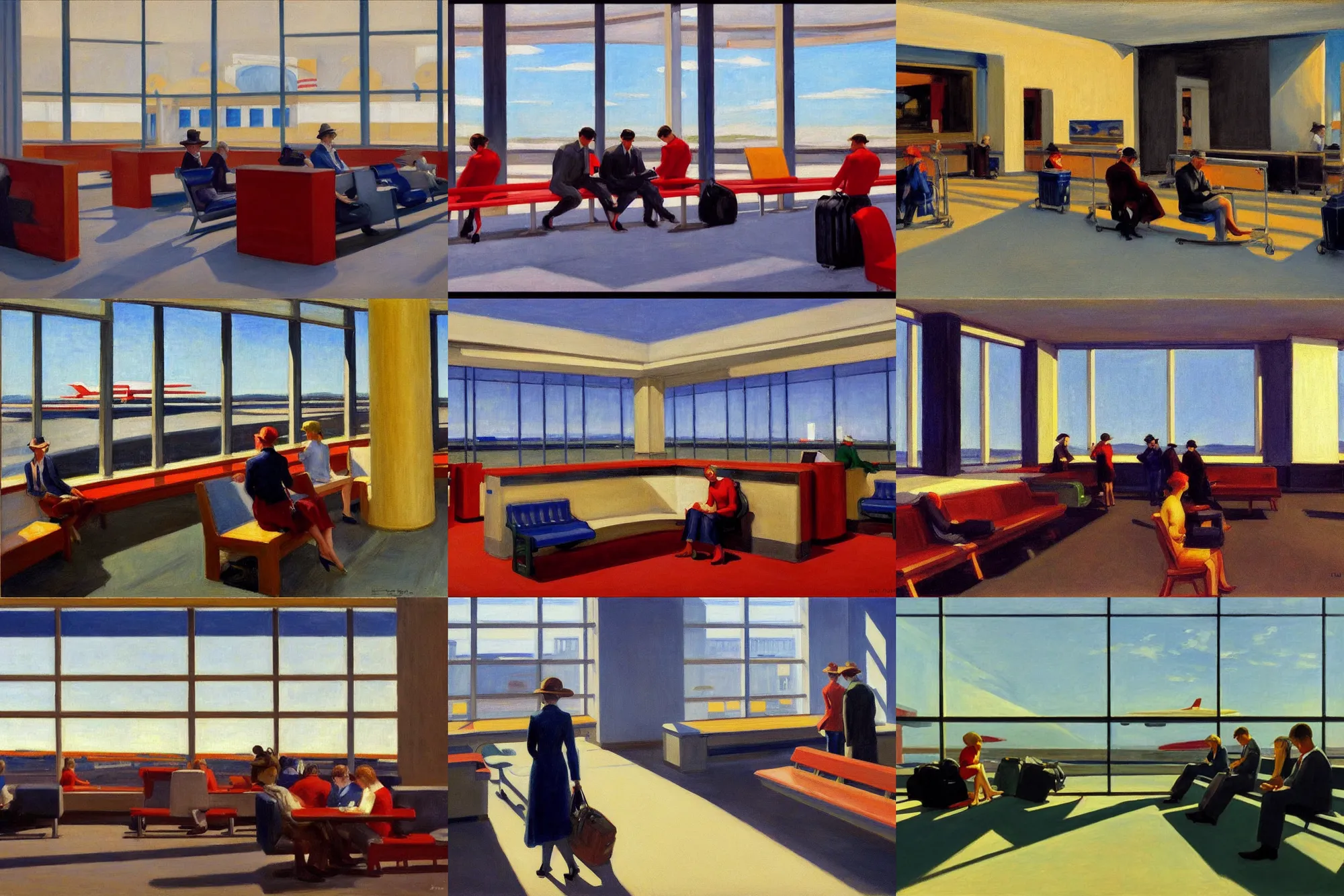 Prompt: inside an airport waiting area looking outside, planes landing, painting by edward hopper,