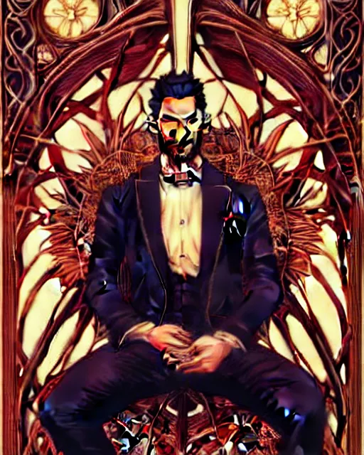 Prompt: tom ellis ( lucifer ) portrait sitting in a burning chair, art nouveau, fantasy, intricate flower designs, elegant, highly detailed, sharp focus, art by artgerm and greg rutkowski and wlop