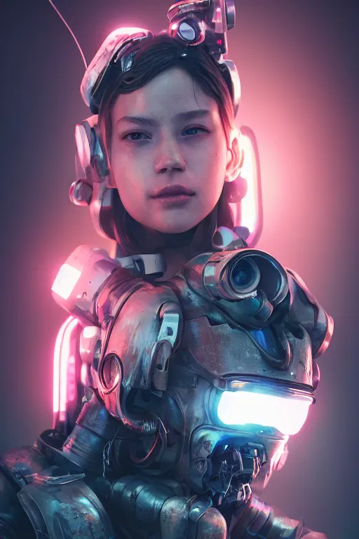 Prompt: beautiful close - up portrait of a cyborg mercenary girl, art by wlop and liam wong, cyberpunk, neon, combat armor, head and shoulders, intricate details, trending on artstation, sharp focus, caustics, octane render, radiant light, 4 k