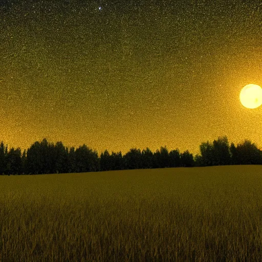 Prompt: field of fireflies at twilight, no blur, hyper realistic, full moon, 8 k octane render