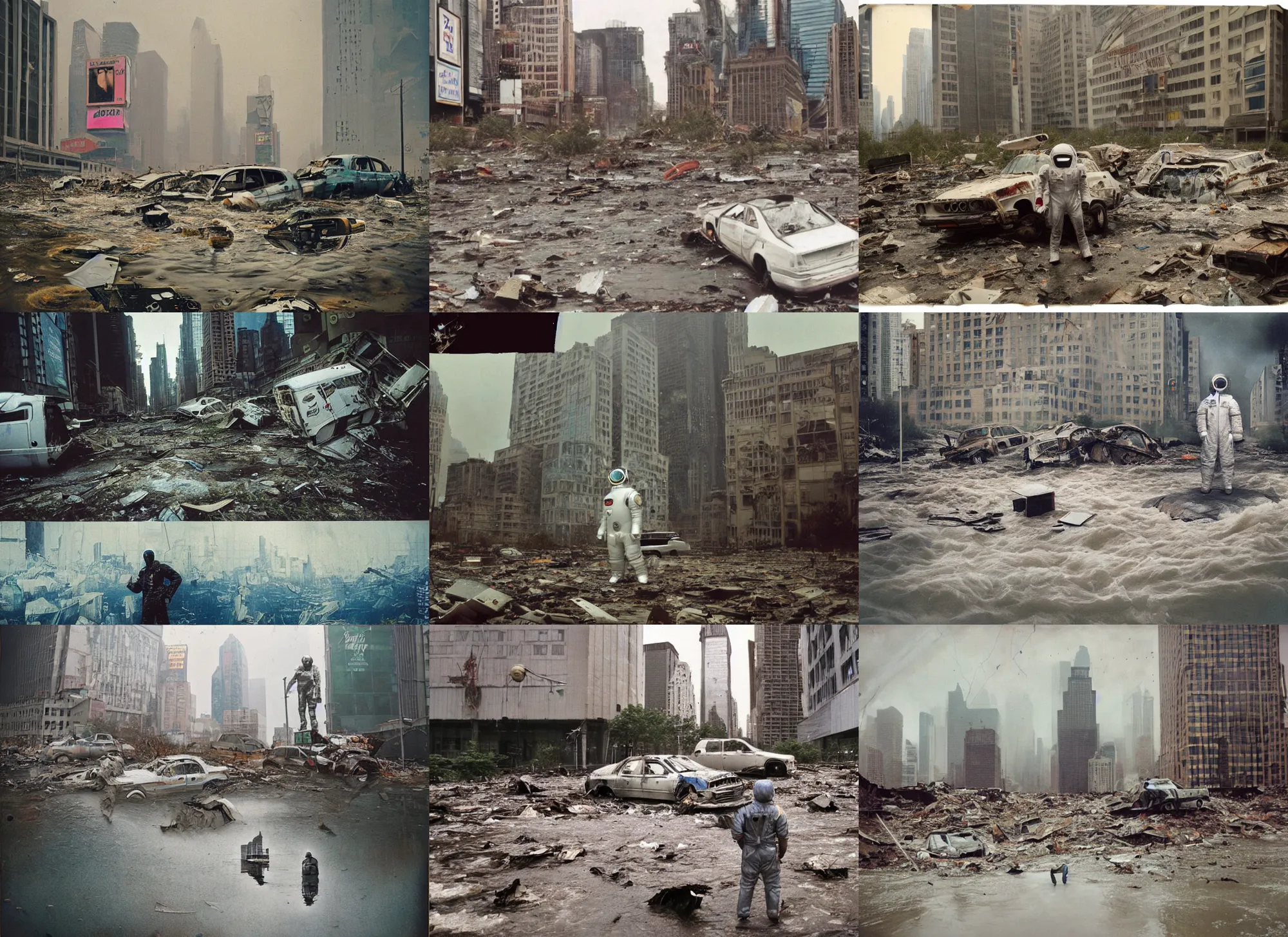 Prompt: very realistic giant flood photographs of lone american white spacesuit chubby astronaut in postapocalyptic abandoned destroyed giant flood times square, wrecked buildings, destroyed flipped wrecked cars, polaroid photo, vintage, neutral colors, underwater, by gregory crewdson