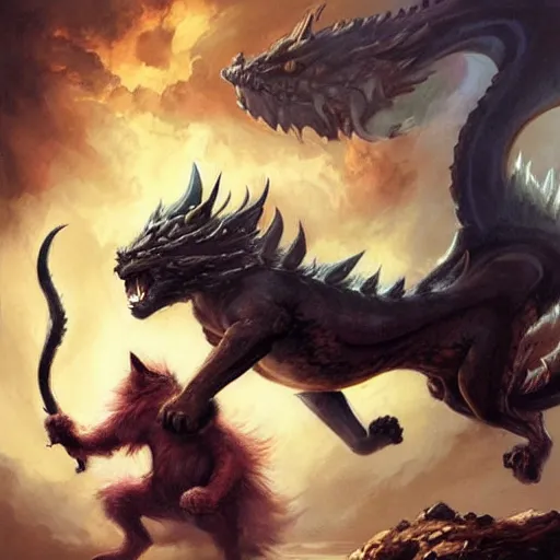 Image similar to A cat dragon fighting a Dog dragon by Lucas Graciano, Frank Frazetta, Greg Rutkowski, Boris Vallejo, epic, fantasy, character art, high fantasy