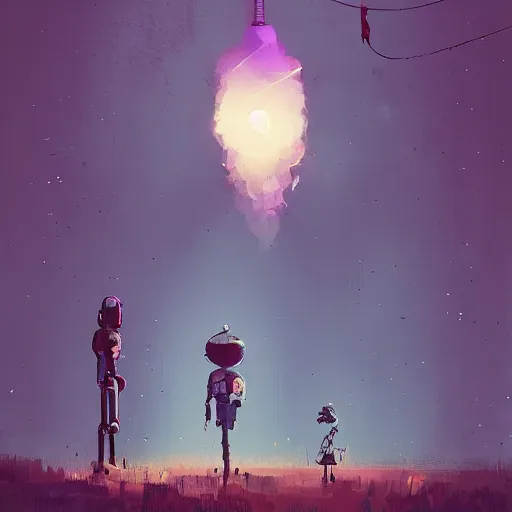 Prompt: a boy and a robot sitting and looking a nuclear explosion smoke mushroom from far away by ismail inceoglu