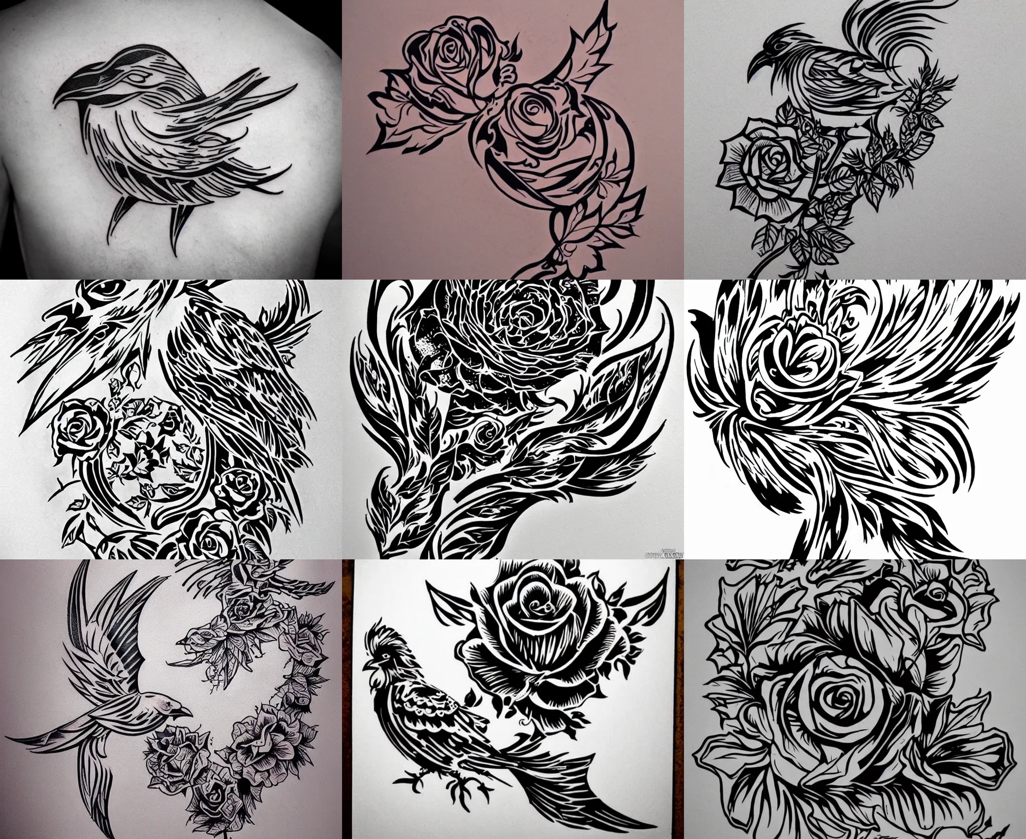 Image similar to Tattoo Stencil stylized crow rose Raven, bold strong lines very highly aesthetic