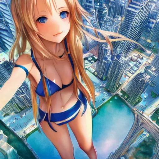Prompt: seen from above : a giant macro very beautiful young yuuki asuna, full body, long wavy blond hair, sky blue eyes, full round face,, bikini, miniskirt, stepping on a miniature city, cinematic wallpaper by stanley artgerm lau