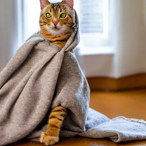 Image similar to A silly cat nursing a blanket eagerly