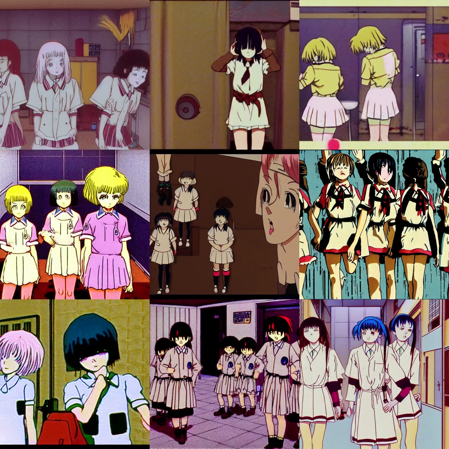 Prompt: screenshot from guro anime, 8 0's horror anime, yellowed grainy vhs footage with noise, schoolgirls trapped in a bathroom, girls are in beige sailor school uniforms, one girl has white hair, in the style of studio ghibli,