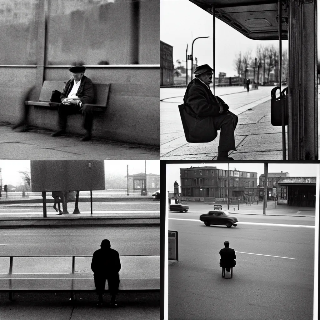 Prompt: lonely man waiting at the bus stop, henri cartier-bresson