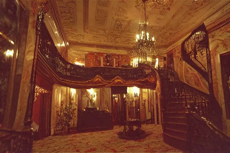 Prompt: full - color 1 9 9 0 s photo of the interior of a spooky elegant mansion at night. the interior architecture and layout are illogical, surreal, bizarre, complicated, and labyrinthine. there is a faintly - visible victorian ghost lurking. highly - detailed high - resolution photography.