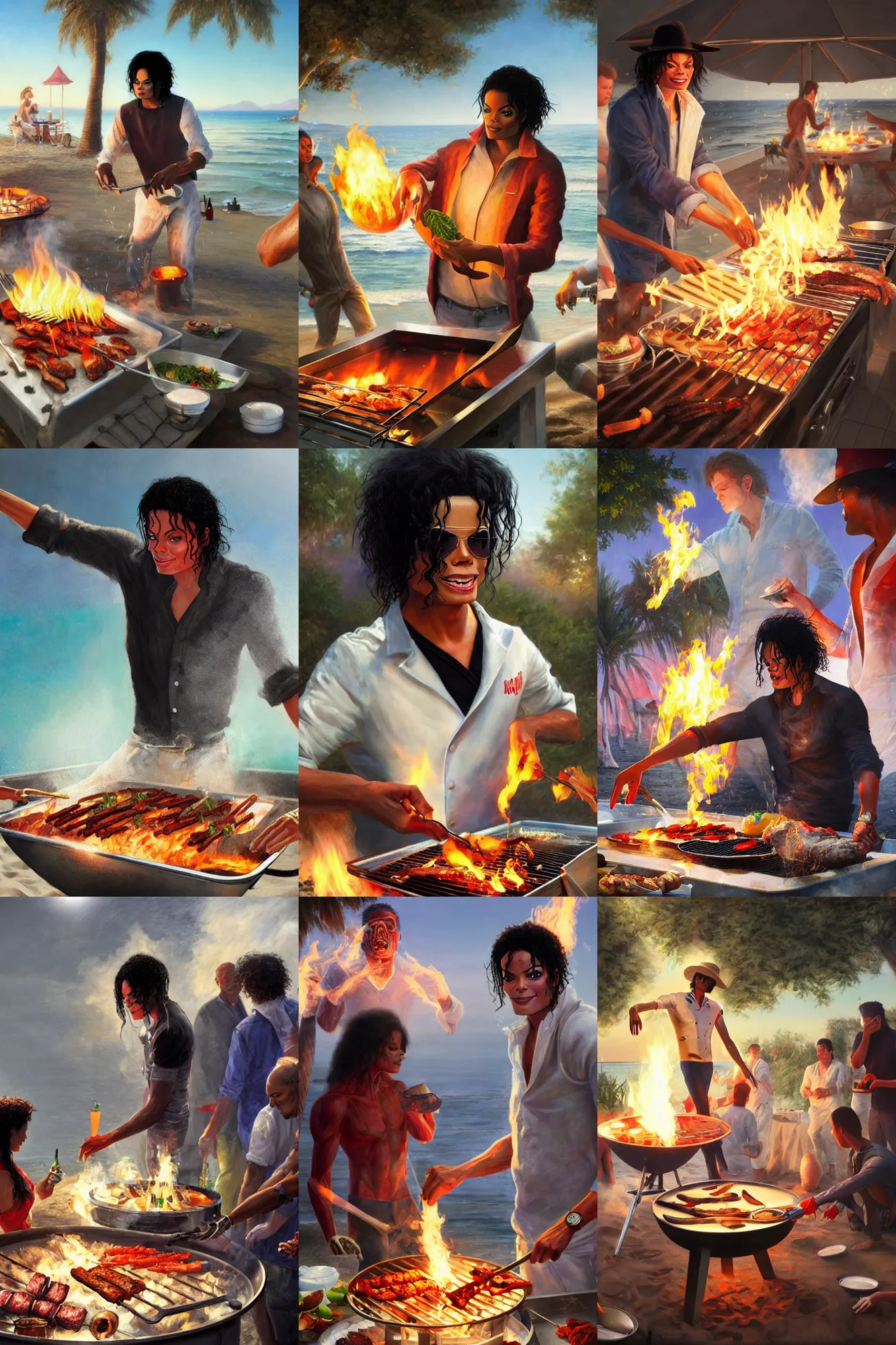 Prompt: michael jackson cooking a bbq at a beach party, anatomy, bathed in light, highly detailed, photorealistic, artstation, smooth, sharp focus, illustration, unreal engine 5, 8 k, art by artgerm and greg rutkowski and edgar maxence