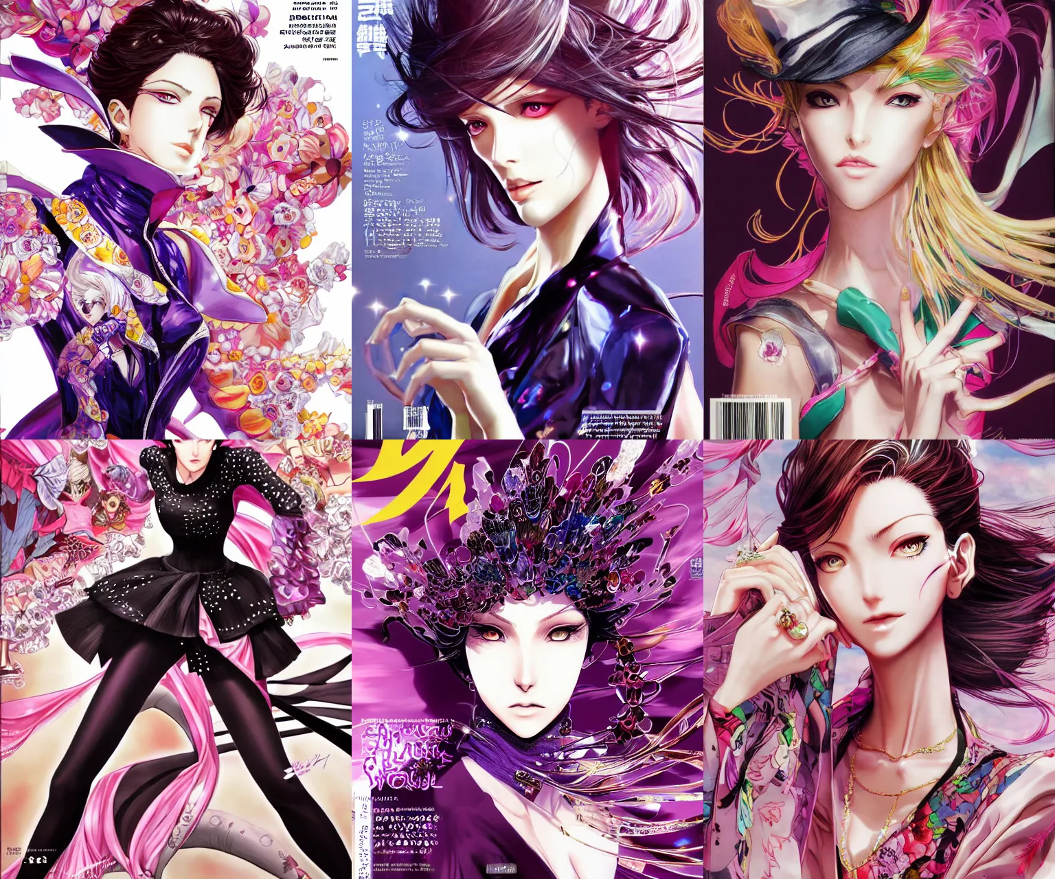 Prompt: long shot of a woman, beautiful, elegant, fashion, colorful, artstation, trending, highly detailed, focus, smooth, fashion magazine cover, posing, by hirohiko araki and yoshitaka amano