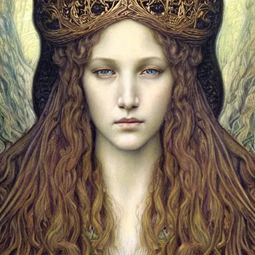 Image similar to detailed realistic beautiful young medieval queen face portrait by jean delville and marco mazzoni, art nouveau, symbolist, visionary, gothic, pre - raphaelite