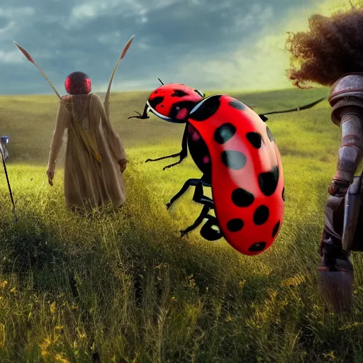 Image similar to promotional movie still, ladybugs, ladybug hybrids, ladybug hobbits, ladybug robots, space western, the fellowship of the ring ( film ), 3 d render