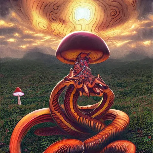 Image similar to A centered chest up portrait of a psychedelic demonic anthropomorphic snake smoking a hand-rolled cigarette smoking heavily , magic mushroom village in background , award winning. superb resolution. in the art style of junji Ito and greg rutkowski . Detailed Mushroom city in background. Hyper realistic anime. Perfect art. Dalle2