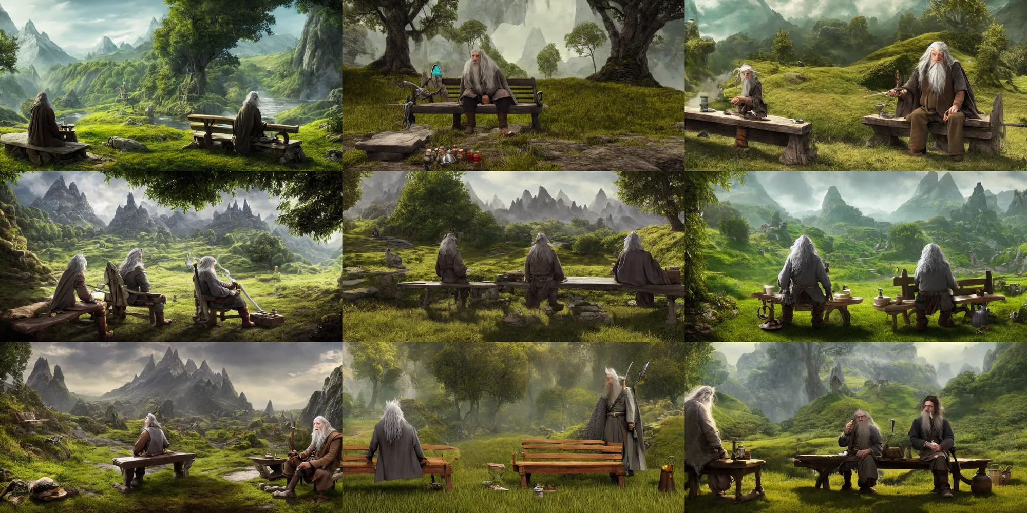 Prompt: a fantasy scene Gandalf gray in a hobbit on a sunny day in the background on a bench sits a hobbit and smokes a pipe. Green hills in the background. Detailed and realistic, 4k, top-artstation, inspired lord of the rings, octane render